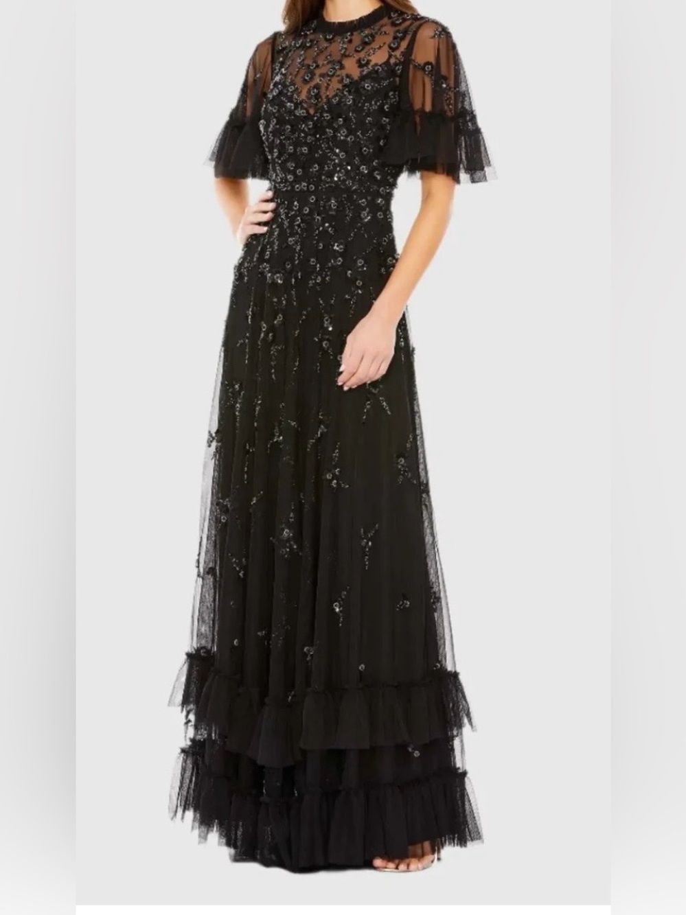 $798 Mac Duggal Size 14 Black Floral Ruffle Embellished Gown Long Maxi Dress